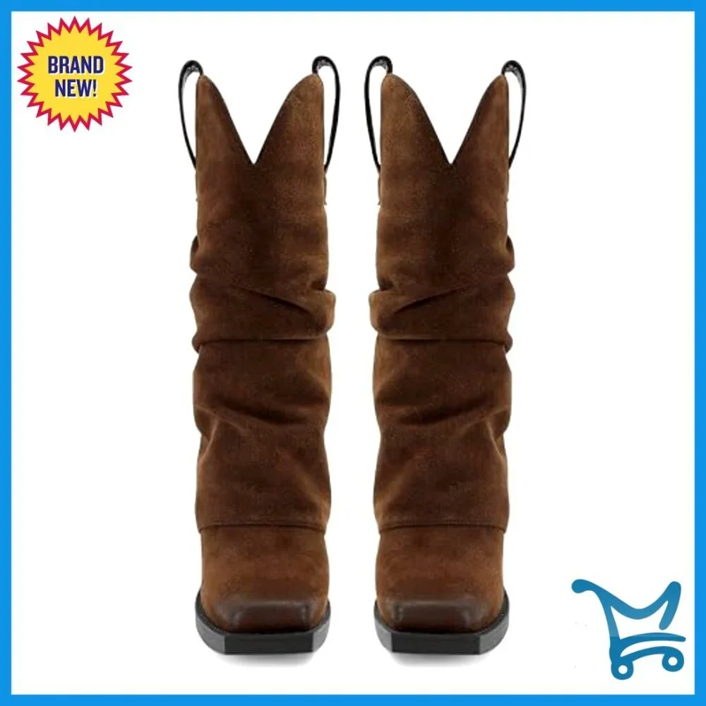 Faux Suede Ankle Boots with Chunky Block Heel Square Toe Pull On